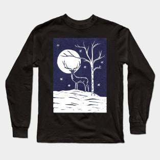 Stag in the Moonlight Blue and White LinoCut Long Sleeve T-Shirt